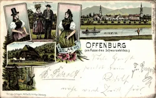 Litho Offenburg in Baden Schwarzwald, Stadt, Trachten, Hirsch im Wald, Bauernhaus