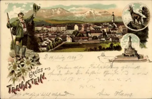 Litho Traunstein in Oberbayern, Panorama, Denkmal, Wanderer in Tracht, Edelweiß