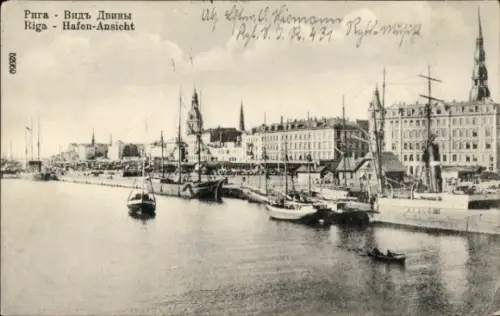 Ak Riga Lettland, Riga Hafen-Ansicht, Schiffe im Hafen, Stadtansicht