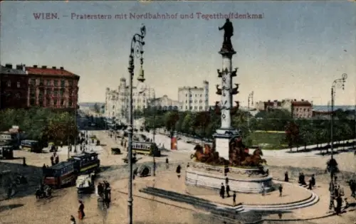Ak Wien 2 Leopoldstadt Österreich, Praterstern, Nordbahnhof, Tegetthoffdenkmal,  Straßenbahnen