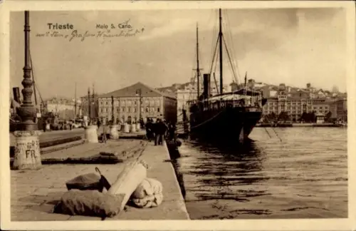 Ak Triest Trieste Friuli Venezia Giulia,  Molo S. Carlo, Schiff im Hafen, Menschen am Ufer