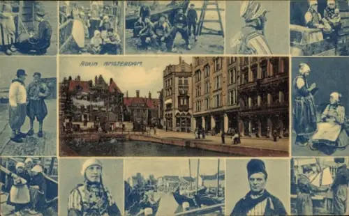 Ak Amsterdam Nordholland Niederlande, Geschäfte, Straße, Menschen in Trachten