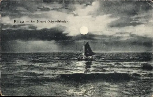 Ak Baltijsk Pillau Ostpreußen,  Strand, Abendfrieden, Mond, Segelboot