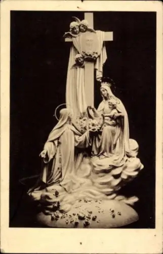 Ak Lisieux Calvados, Skulpturengruppe, Kreuz, Maria, Heilige, Blumen, Karmeliter