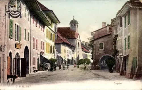 Ak Coppet Kanton Waadt, Straße mit Häusern, Menschen, Bäume,  Gebäude, C.P.N. 387