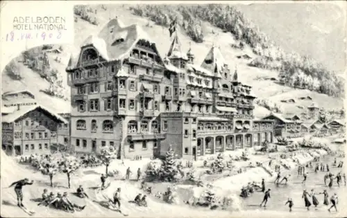 Ak Adelboden Kanton Bern Schweiz, Hotel National,  Winteraktivitäten, 1908