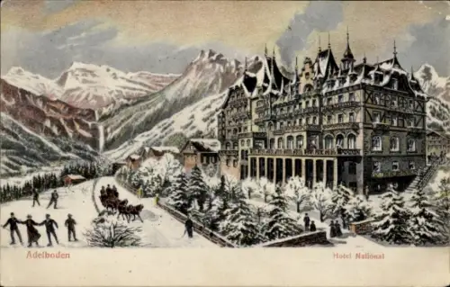 Ak Adelboden Kanton Bern Schweiz, Schneelandschaft, Hotel National,  Pferdeschlitten, Skifahrer