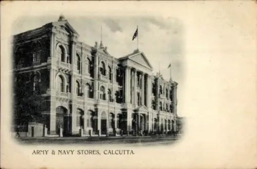 Ak Calcutta Kolkata Kalkutta Indien, Army & Navy Stores,  Gebäude, Schwarz-Weiß-Foto