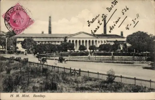 Ak Mumbai Bombay Indien, H. M. Mint,  , Pferdekutschen, Bäume, Zaun