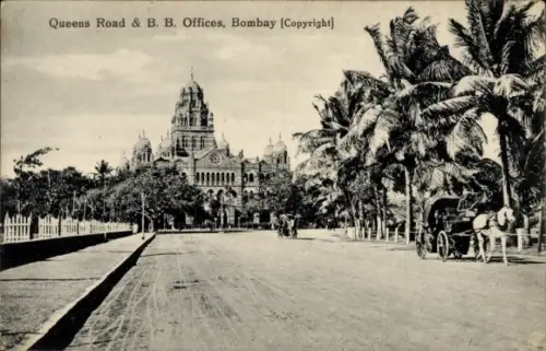 Ak Mumbai Bombay Indien, Queens Road, B. B. Offices,  Pferdewagen, Palmen