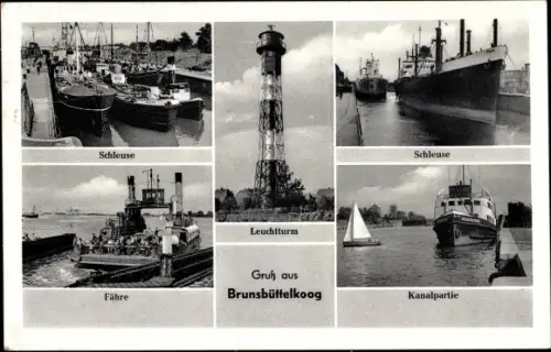 Ak Brunsbüttelkoog Brunsbüttel in Dithmarschen, Leuchtturm, Schleuse, Fähre, Kanalpartie