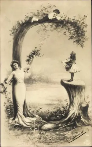 Buchstaben Ak C, Frau, Kinder, Blumen, Kleid