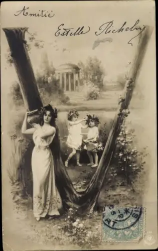 Buchstaben Ak V, Kinder, Frau, Tempel