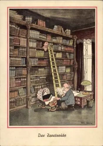 Künstler Ak Halte, Will, Der Zerstreute, lesender Mann in einer Bibliothek