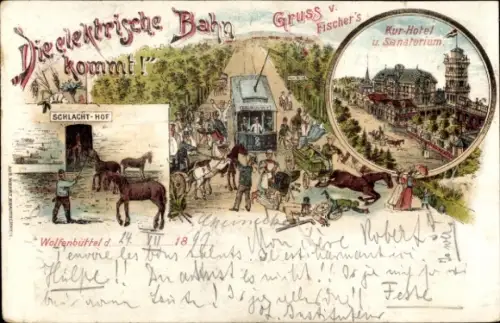 Litho Wolfenbüttel in Niedersachsen, Die elektrische Bahn kommt, Pferde im Schlachthof, Sanatorium