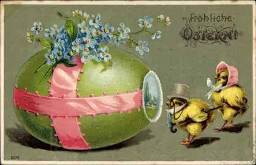 Präge Ak Glückwunsch Ostern, Küken, Osterei, Vergissmeinnicht