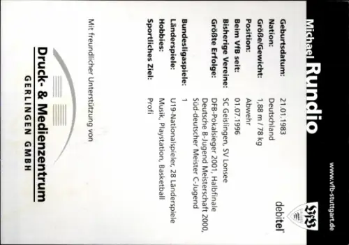 Autogrammkarte Fußballer Michael Rundio, VfB Stuttgart, Autogramm