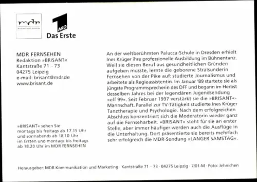 Autogrammkarte Moderatorin Ines Krüger, Portrait, Autogramm