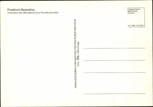 Autogrammkarte Moderator Friedrich Nowottny, Portrait, Autogramm