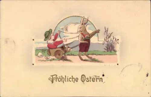 Präge Ak Glückwunsch Ostern, Osterhase zieht eine Karre