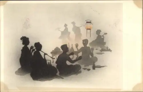 Scherenschnitt Ak Japan, Musizierende Menschen, Lampion