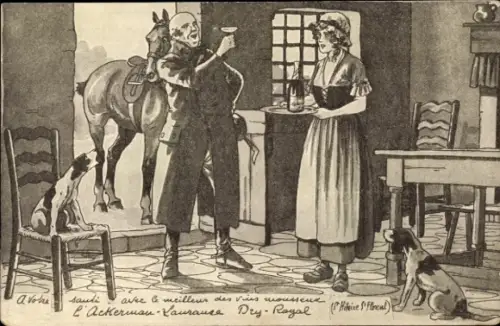 Ak Werbung, Getränk, Ehepaar, Mann mit Weinglas, Hunde