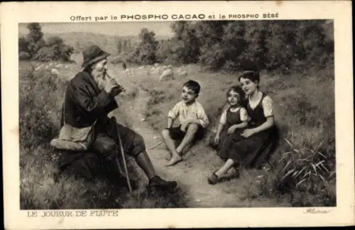 CPA Reklame, Offert par le Phospho Cacao, Le Joueur de Flute
