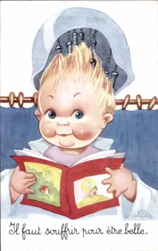 Künstler Ak Kind mit Lockenwicklern unter einer Trockenhaube, Buch