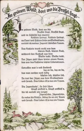 Lied Ak Im grünen Wald, dort wo die Drossel singt, junger Jägerssohn, Rehe, Jagd