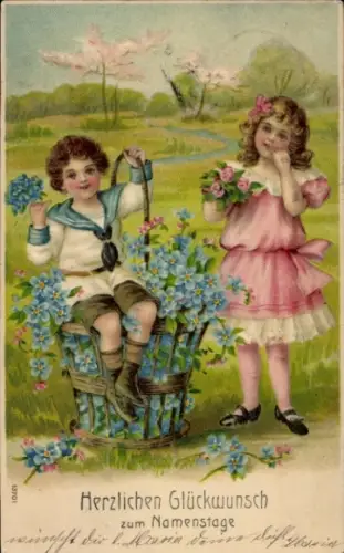 Präge Ak Glückwunsch Namenstag, Kinder, Blumen