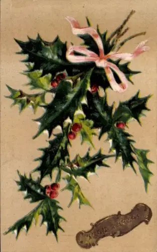 Präge Ak Frohe Weihnachten, Stechpalmenzweig