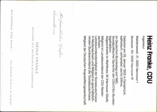 Foto Politiker Heinz Franke, CDU, Autogramm