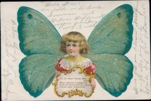 Glitzer Litho Kind mit Schmetterlingsflügeln, Kitsch