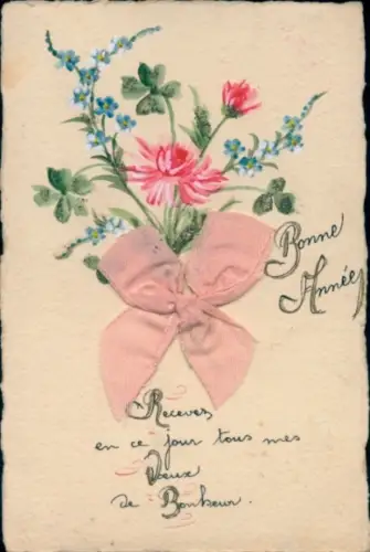 Material Ak Stoffschleife, Blumen, Kitsch, Glückwunsch Neujahr