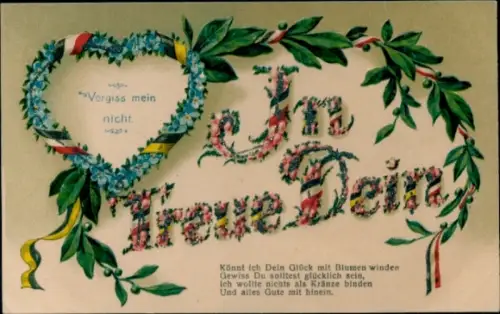 Präge Glitzer Ak In Treue Dein, Blumen, Fahnen