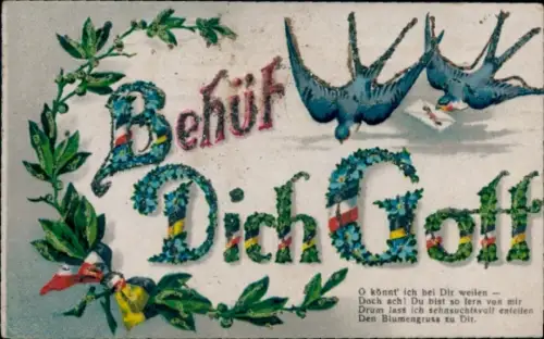 Präge Glitzer Ak Behüt Dich Gott, Schwalben, Blumen