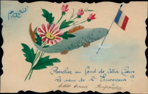 Material Ak Stofffahne, Blumen, Glückwunsch 1. April