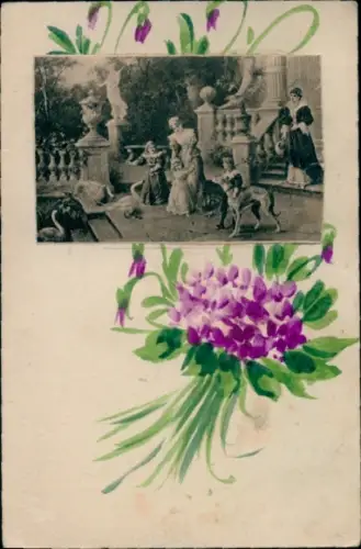 Ak Familie mit Kindern, Blumen, Kitsch