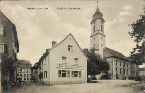 Ak Lindau am Bodensee Schwaben, Gasthof zum Stift,  Bodensee, Gebäude mit Kirchturm