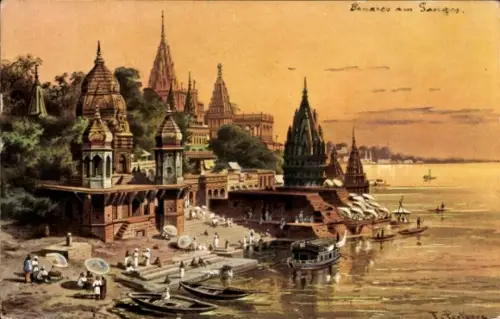 Künstler Ak Perlberg, Indien, Benares am Ganges