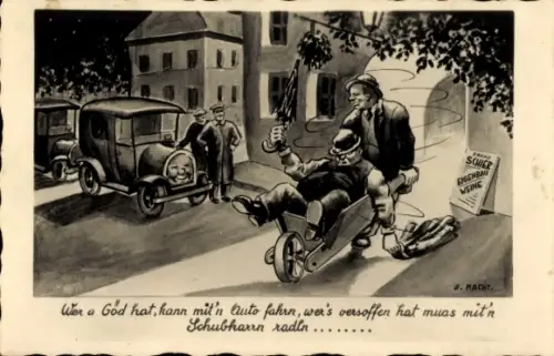 Künstler Ak Macht, Wien XIX., Franz Schier, Radio Wien, Betrunkener Mann