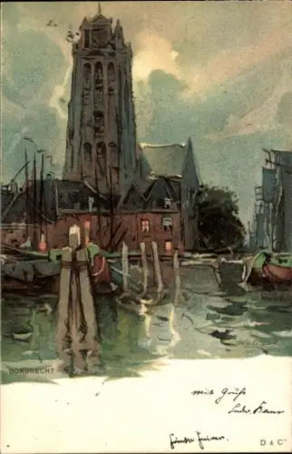 Künstler Ak Cassiers, Henri, Dordrecht Südholland Niederlande, Kanalpartie, Kirche