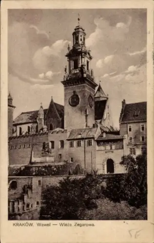 Ak Kraków Krakau Polen, Wawel, Uhrturm, Wolken,  Architektur