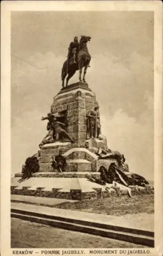 Ak Kraków Krakau Polen, Reiterdenkmal, Statue, Löwen, Monument, Jagiełło