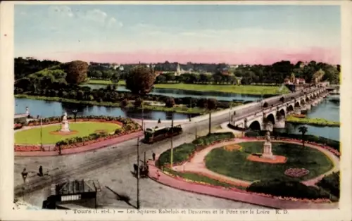 Ak Tours Indre et Loire, Brücke über die Loire, Parks Rabelais und Descartes, Straßenbahn