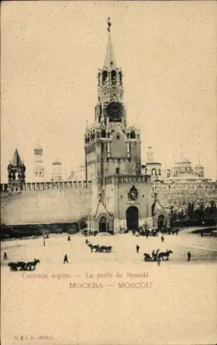 Ak Moskau Russland, Spasski-Tor, Moskauer Kreml, Pferdewagen,  