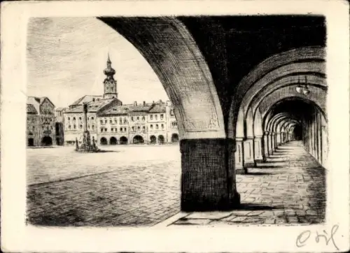 Ak Trutnov Trautenau Riesengebirge Region Königgrätz,  Ringplatz mit Lauben, Original-Radierung, 