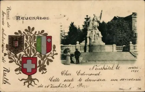Ak Neuchâtel Neuenburg Stadt, Neuchâtel Monument, Wappen, Gruß von Ruth, 1901