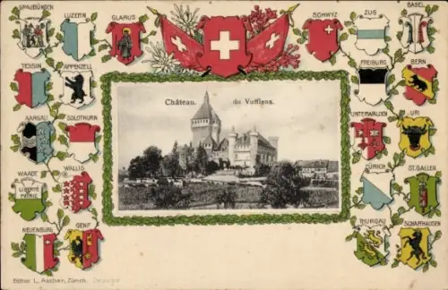 Ak Vufflens le Château Morges Kanton Waadt, Schloss  Wappen der Schweizer Kantone, 