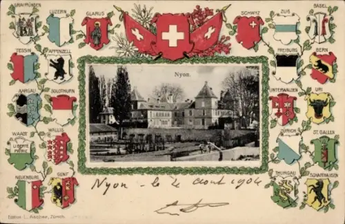 Ak Nyon Kanton Waadt, Schweizer Wappen,   von L. Ascher, Zürich